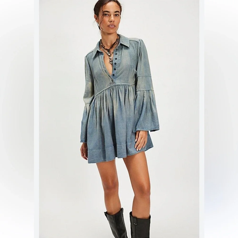 Free People Down East Denim Mini Dress NWT , sz : XS - Picture 3 of 12